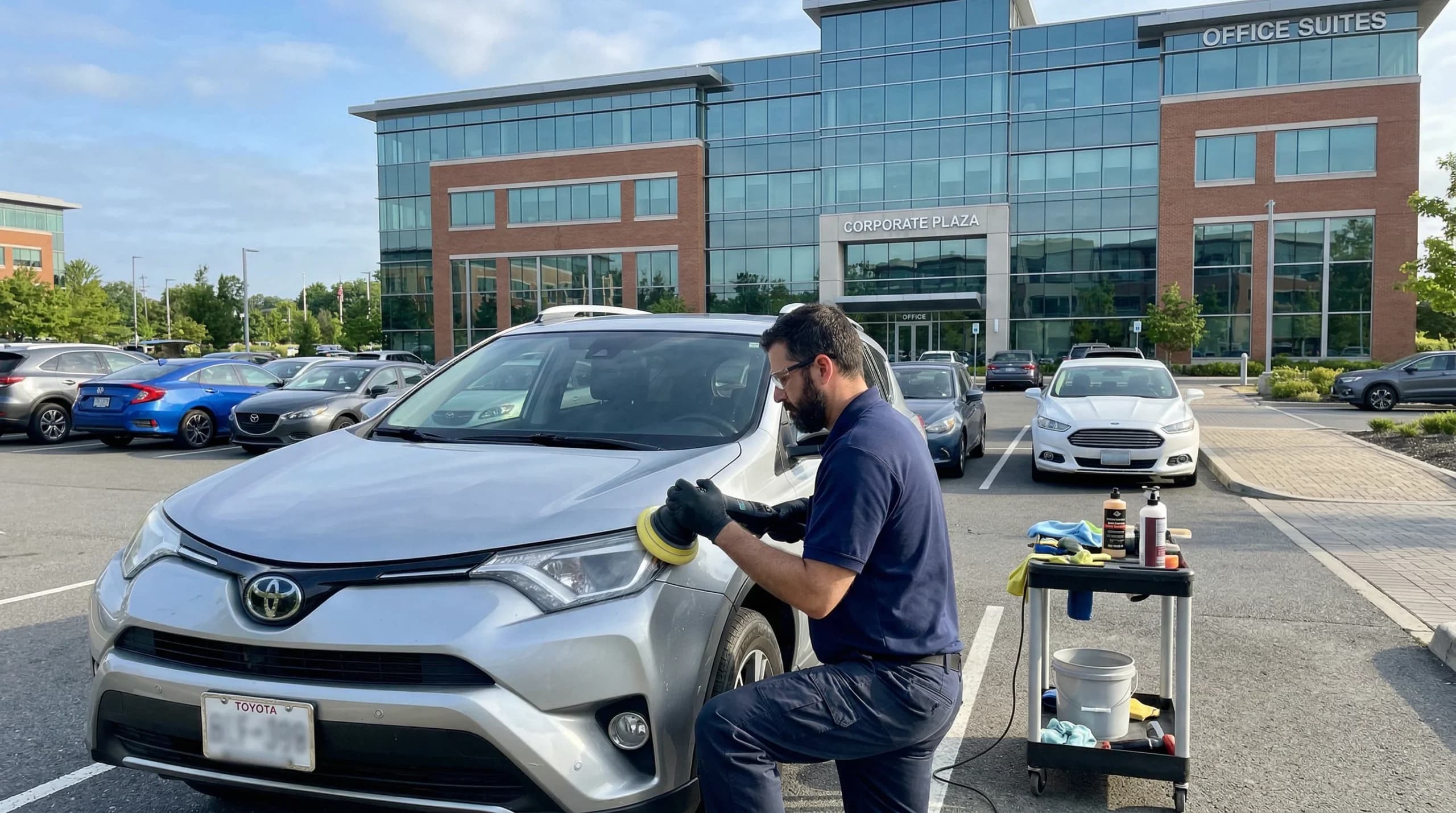 Voiture argentée cirée dans un parking