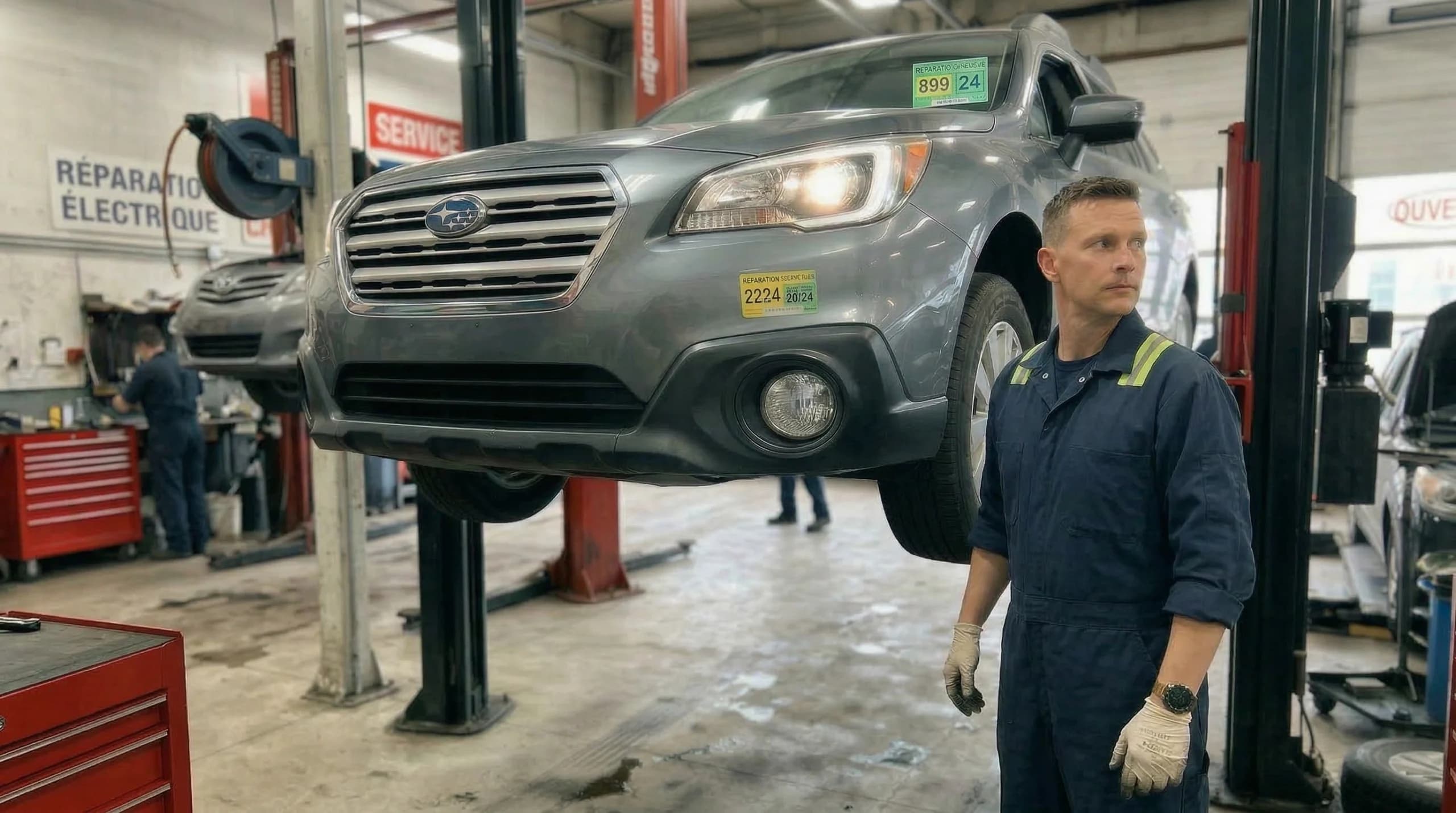 Mécanicien et voiture surélevée dans un garage