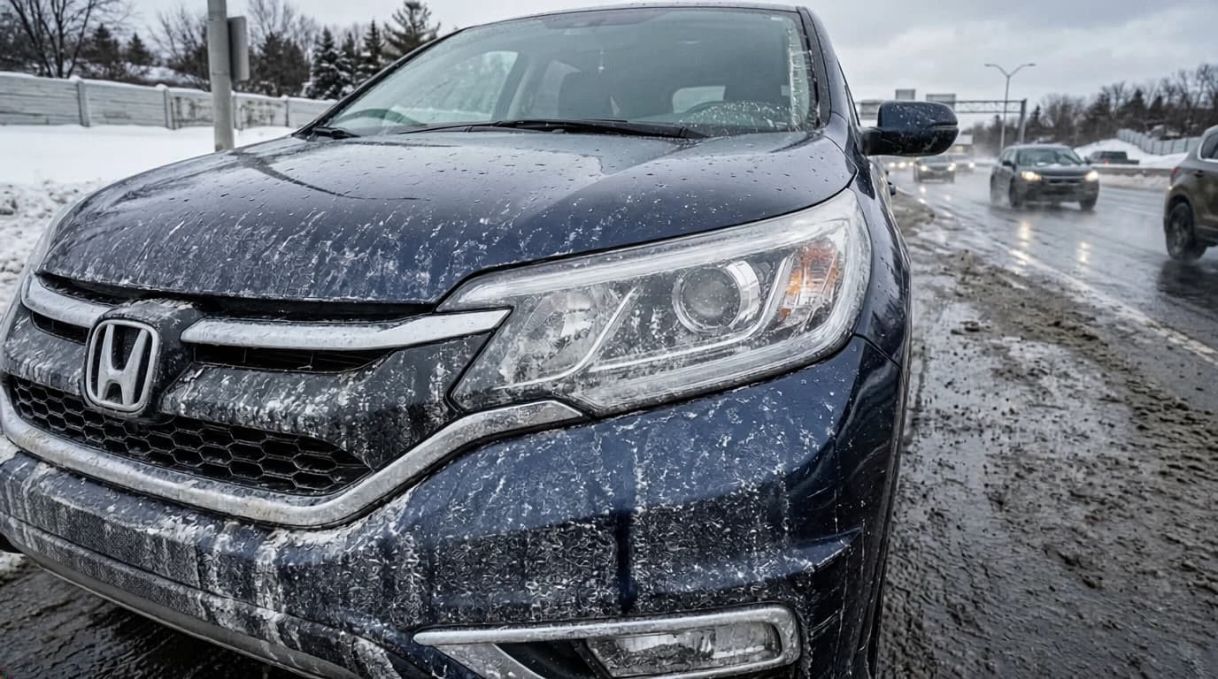 Voiture sur route enneigée et boueuse.