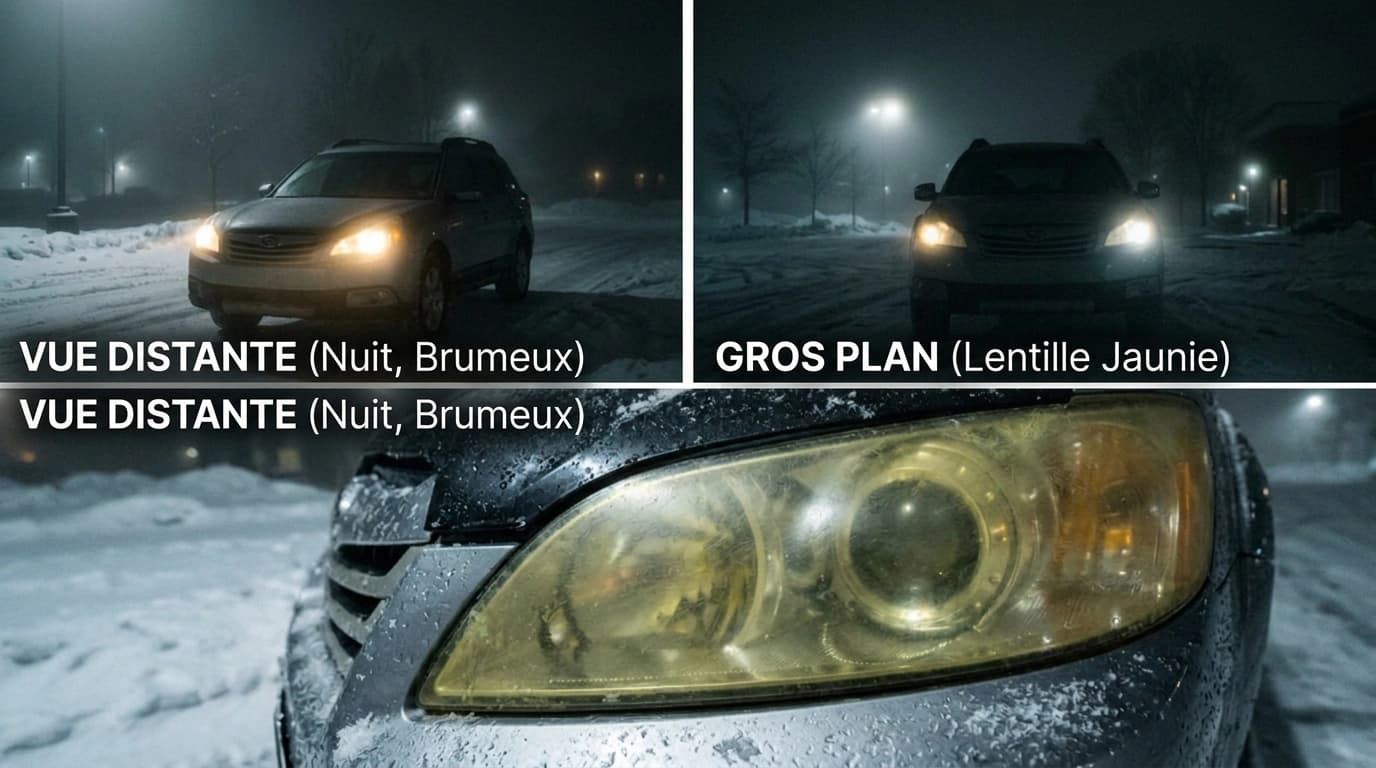 Voiture dans la nuit avec phares allumés