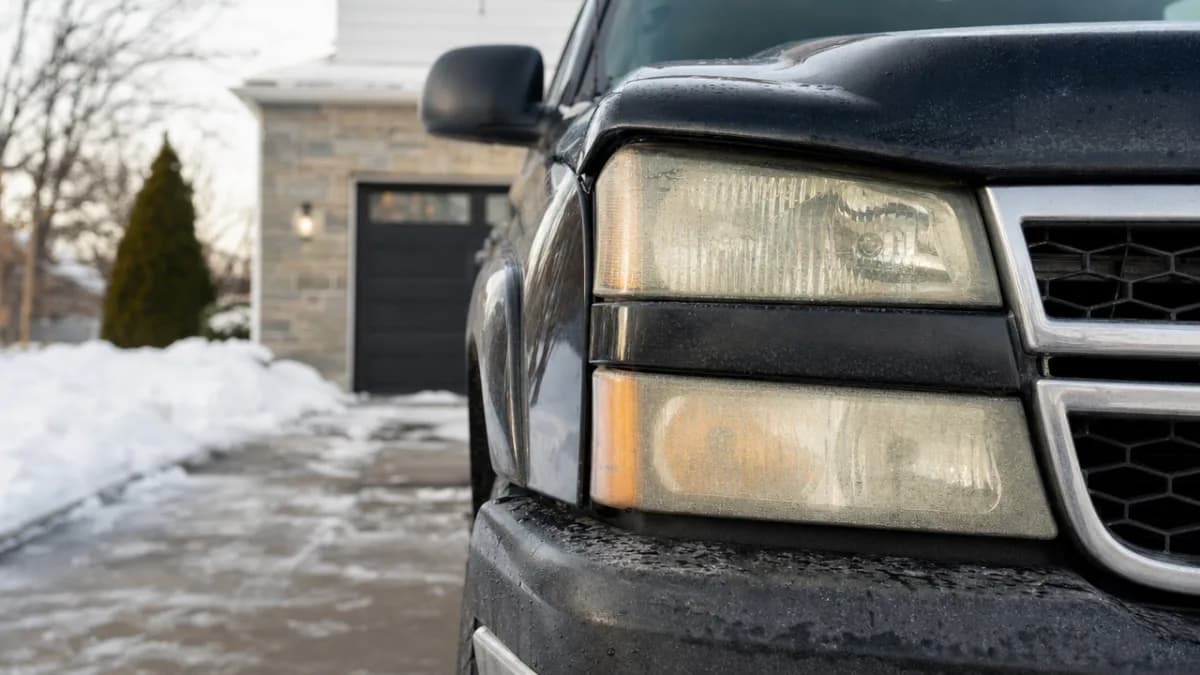 Yellowed and cloudy headlight on a Chevrolet Silverado parked in a driveway in Quebec during winter