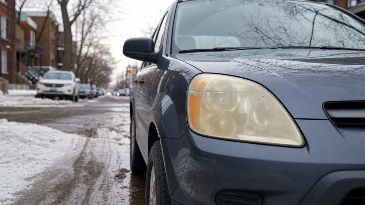 Yellowed and cloudy headlights on a Honda CR-V parked on a Montreal street in winter