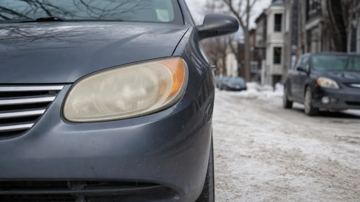 Yellowed and cloudy headlights on a Hyundai Elantra parked on a Montreal street in winter