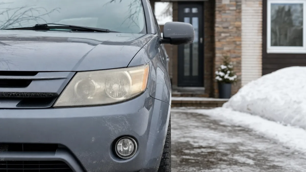 Yellowed headlights on a Mitsubishi Outlander parked in front of a Quebec home in winter