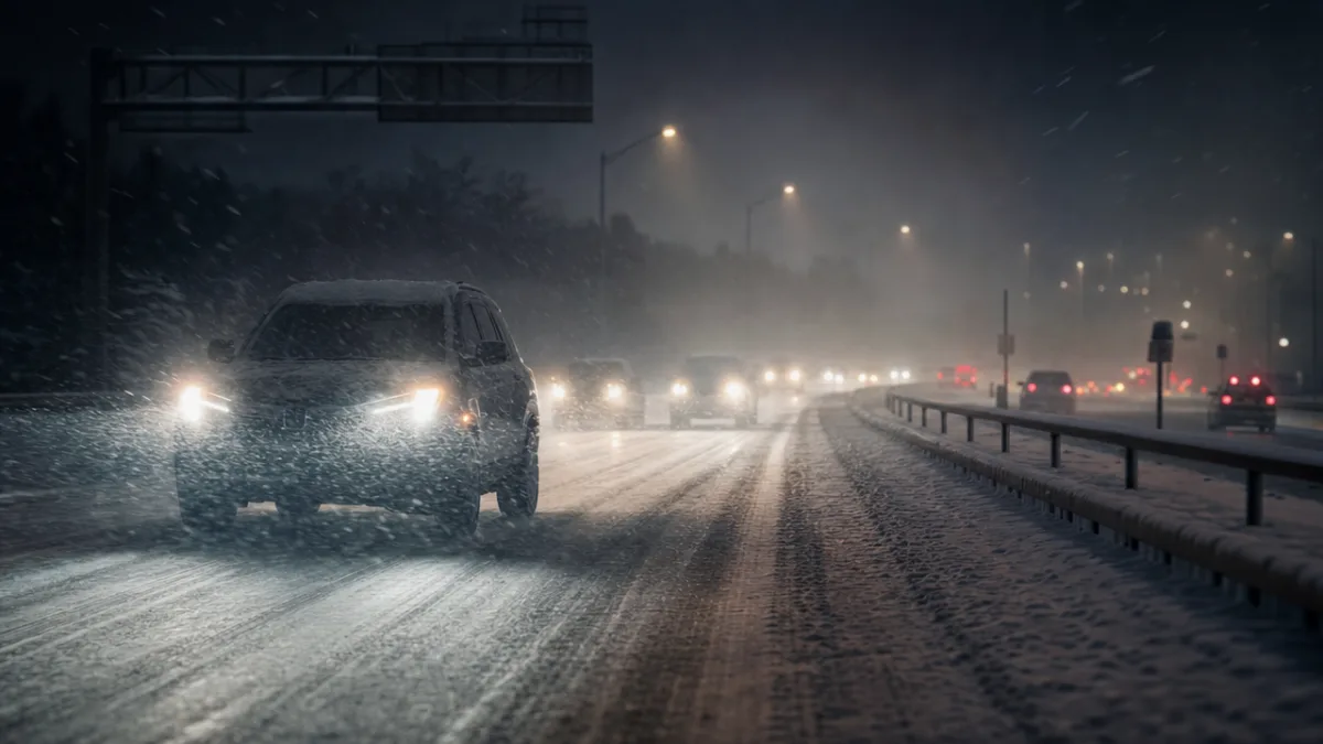 Autoroute enneigée la nuit au Québec avec des phares de voiture éclairant la chaussée dans la poudrerie