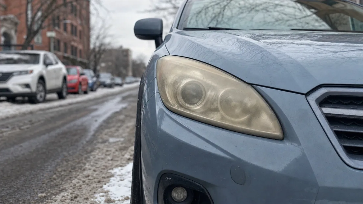 Yellowed headlights on a Subaru Crosstrek parked on a Montreal street in winter