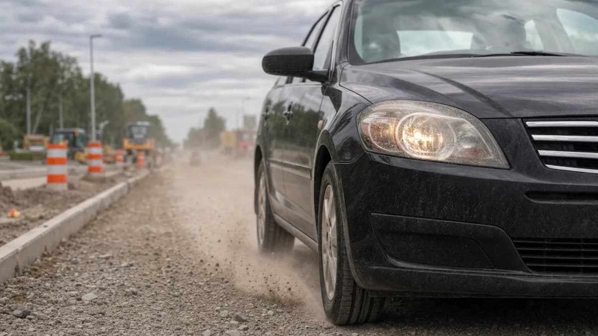 Car driving through a Quebec construction zone with dust and gravel on the road