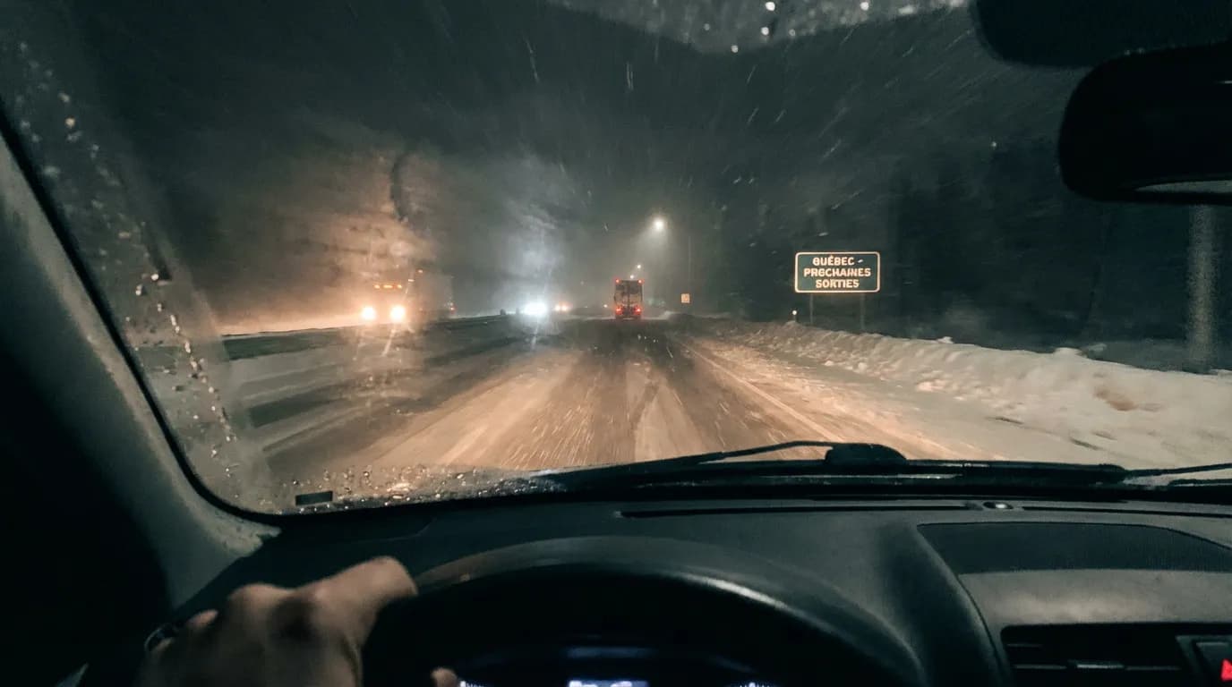 Conduite nocturne sur une route enneigée