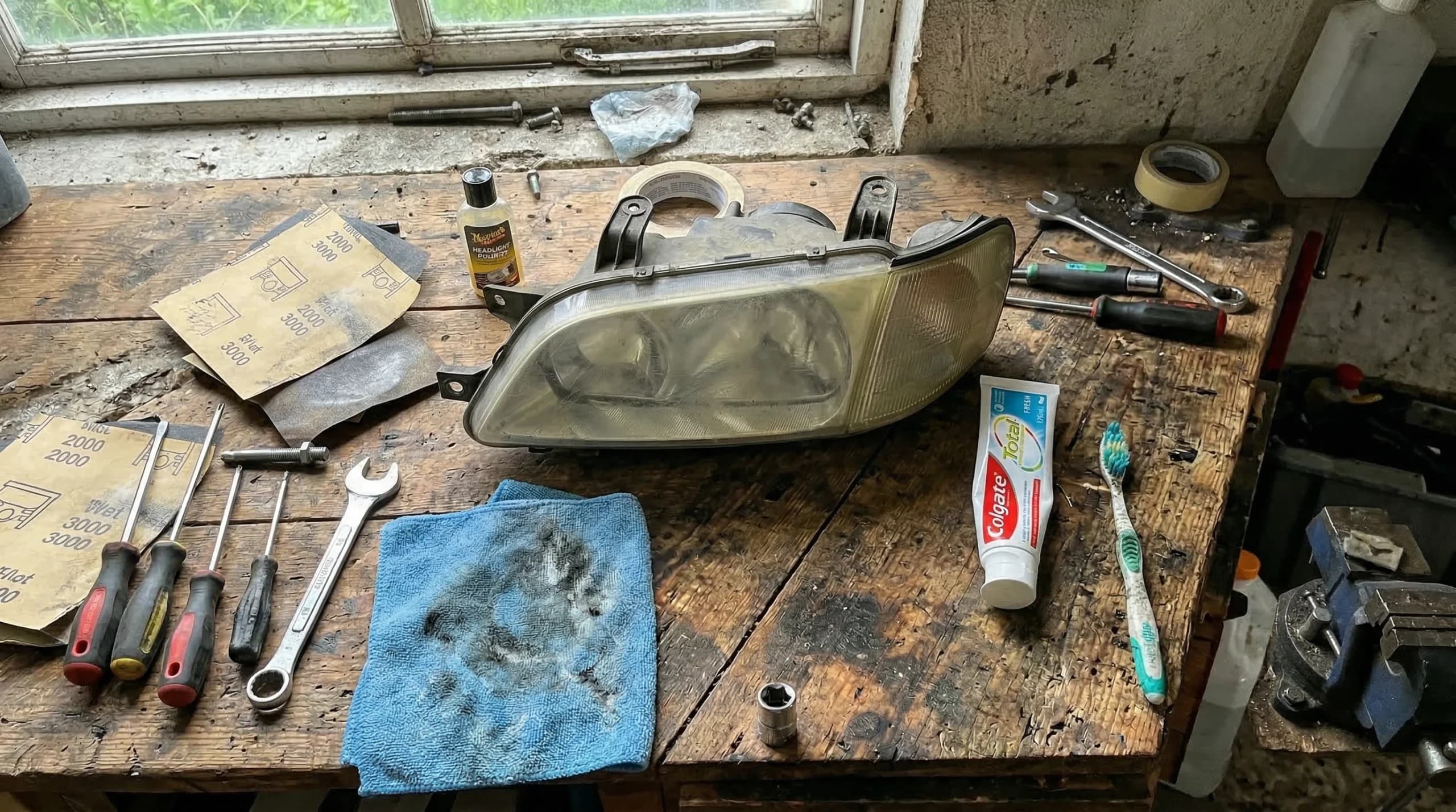 Établi avec phares et outils de réparation