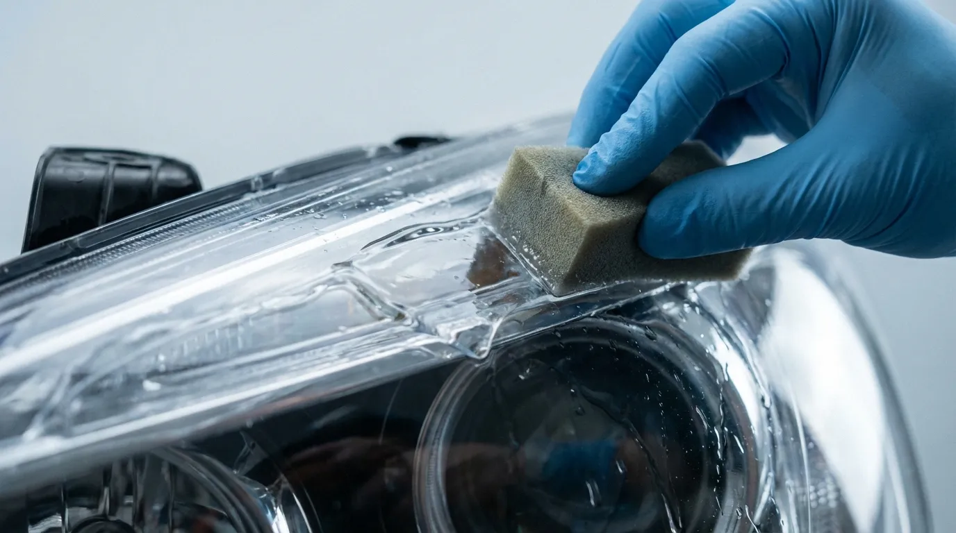 Nettoyage d'un phare de voiture avec une éponge