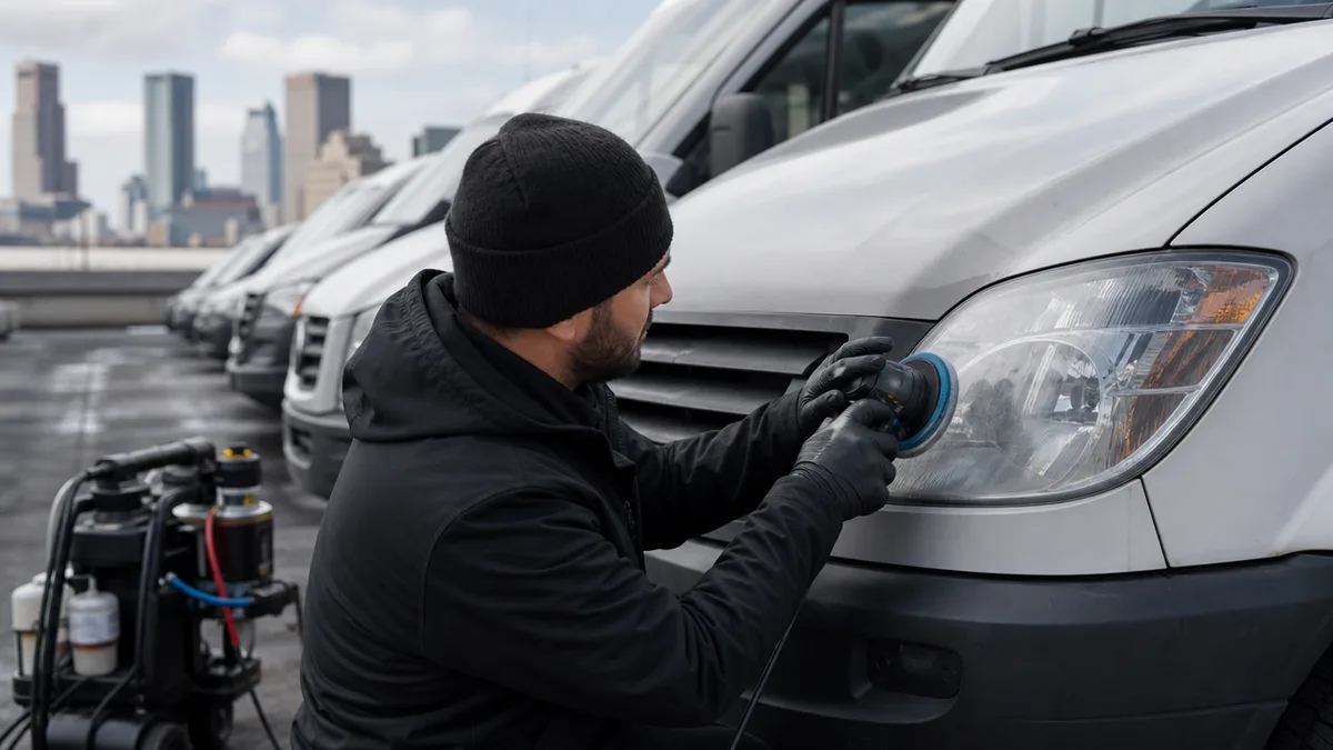 Technicien en restauration de phares travaillant sur un véhicule de flotte commerciale dans un stationnement d'entreprise à Montréal