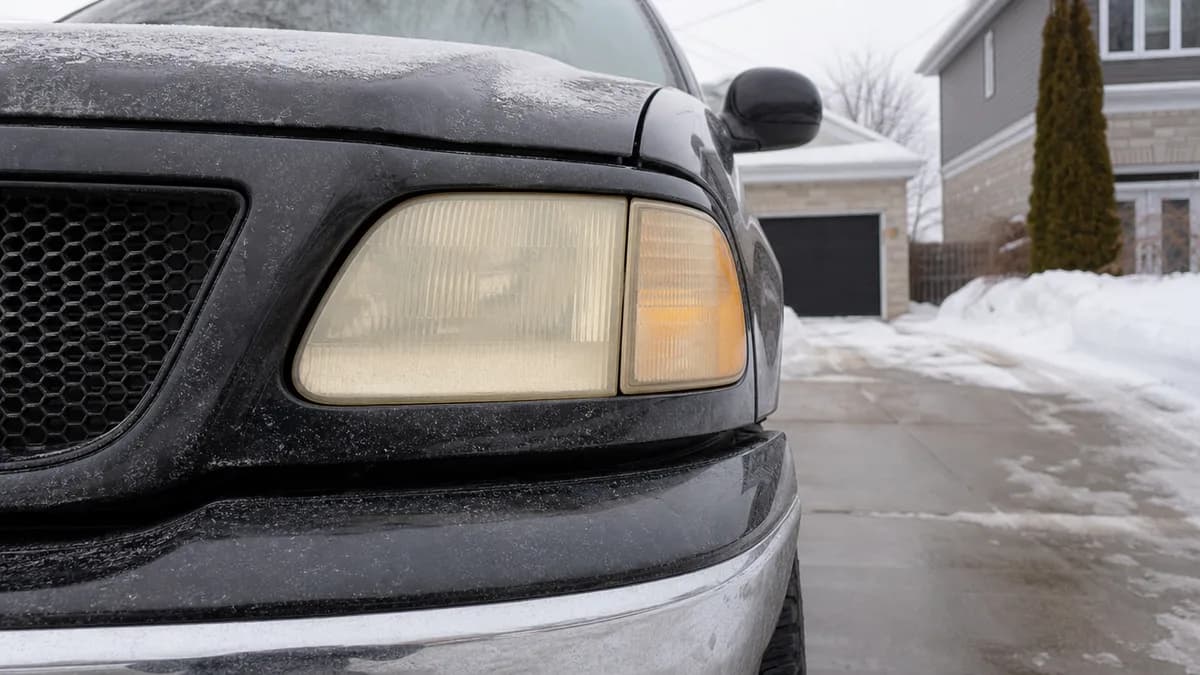 Phares jaunis d'un Ford F-150 stationnés dans une entrée au Québec en hiver