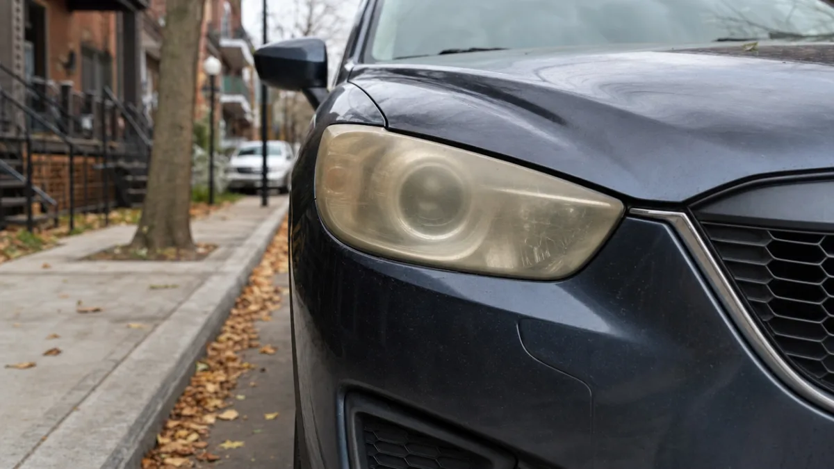 Phares jaunis et opaques d'un Mazda CX-5 garés dans une rue de Montréal