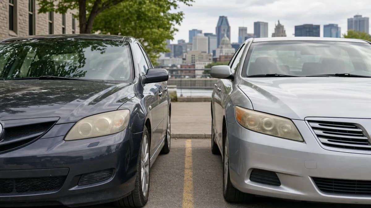 Deux berlines côte à côte dans un stationnement de Montréal, une Mazda3 et une Toyota Camry, avec des phares en différents états de jaunissement
