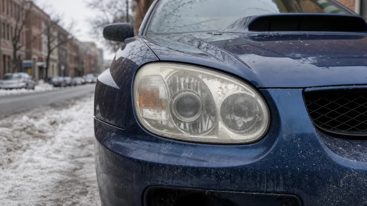 Front headlights of a Subaru WRX parked on a Montreal street in winter, showing salt residue and slight cloudiness visible on the lenses