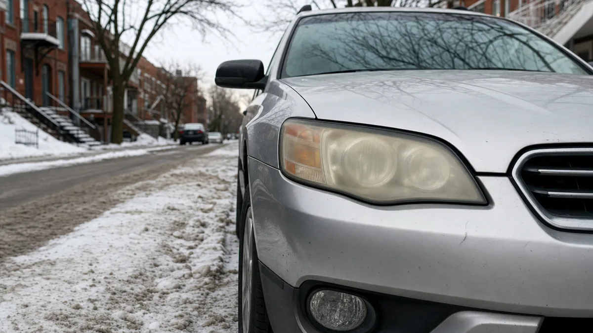 Phares jaunis et opaques d'un Subaru Outback stationnés dans une rue de Montréal en hiver