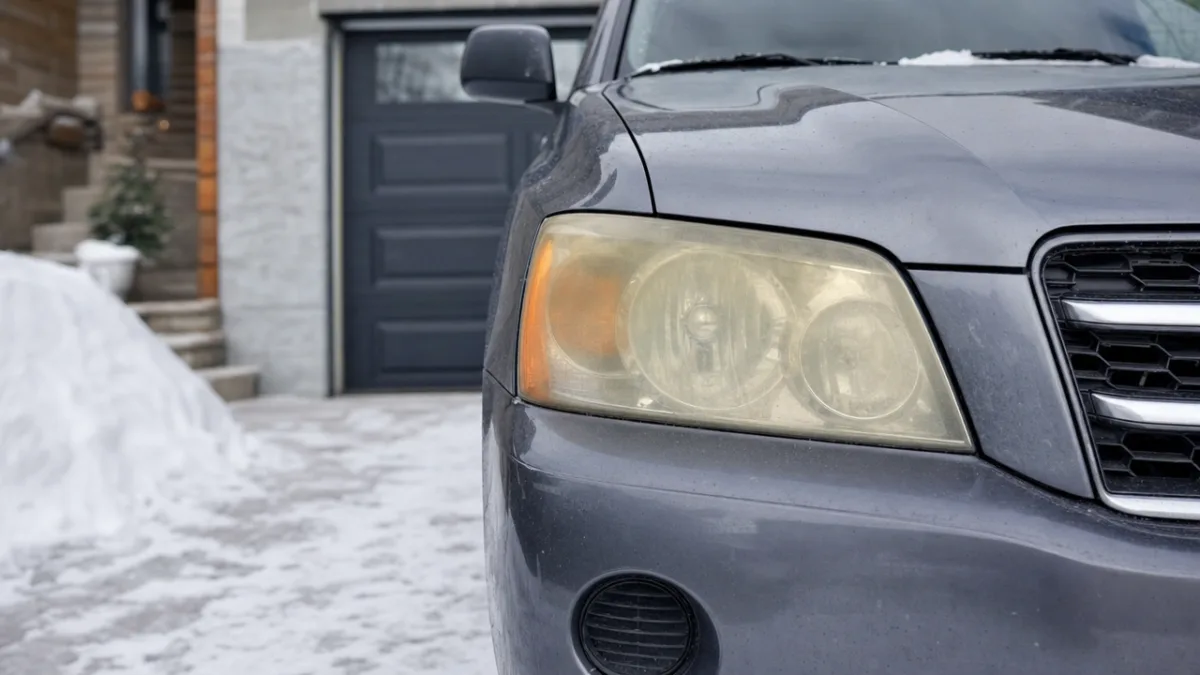 Phares jaunes et opaques d'un Toyota Highlander stationnés dans une entrée de maison au Québec en hiver