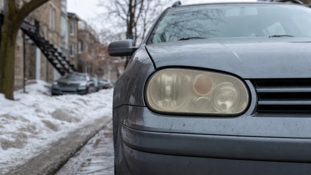 Cloudy and yellowed headlights on a Volkswagen Jetta parked on a Montreal street in winter