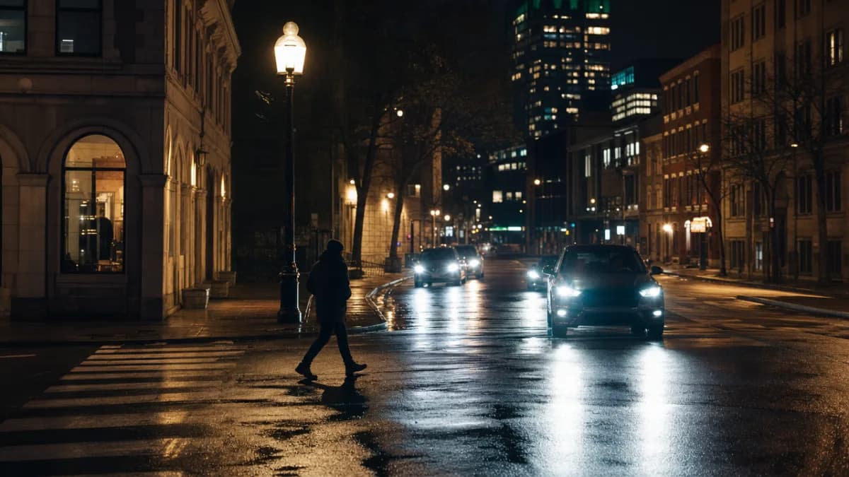 Nighttime view of an urban intersection in Montreal with a pedestrian crossing under a streetlight, car headlights illuminating the wet pavement