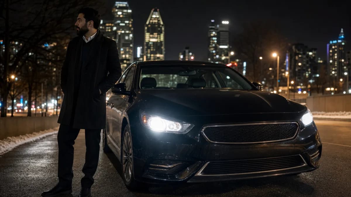 Uber driver standing next to his vehicle at night in Montreal, headlights clear and bright